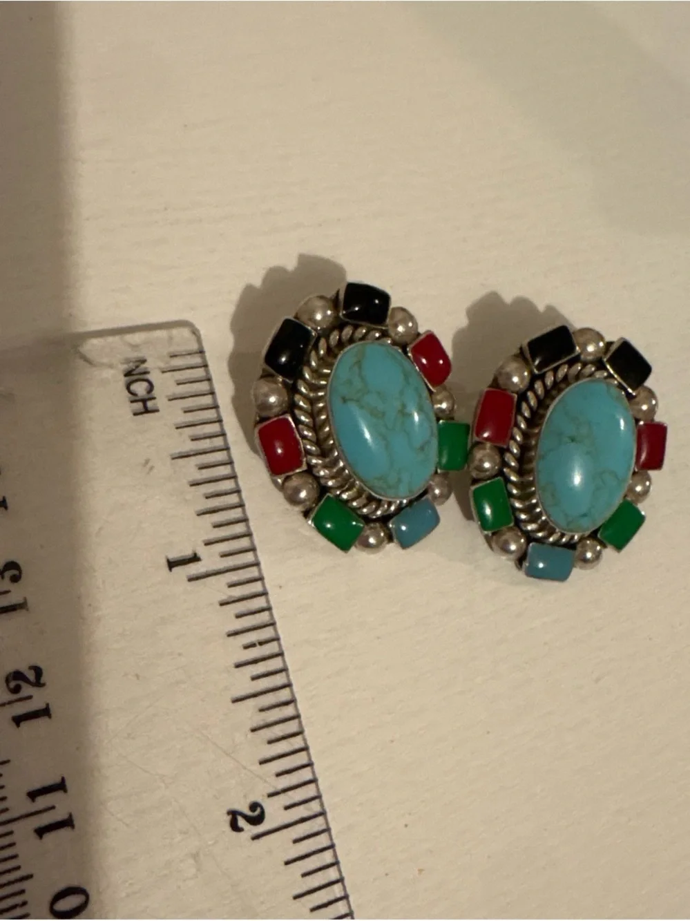 Vintage Mexico 925 Silver Turquoise Multi-Stone Onyx Coral Cluster Earrings